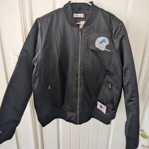NWT Mitchell & Ness Men's Black Detroit Lions Satin Bomber Vintage Jacket